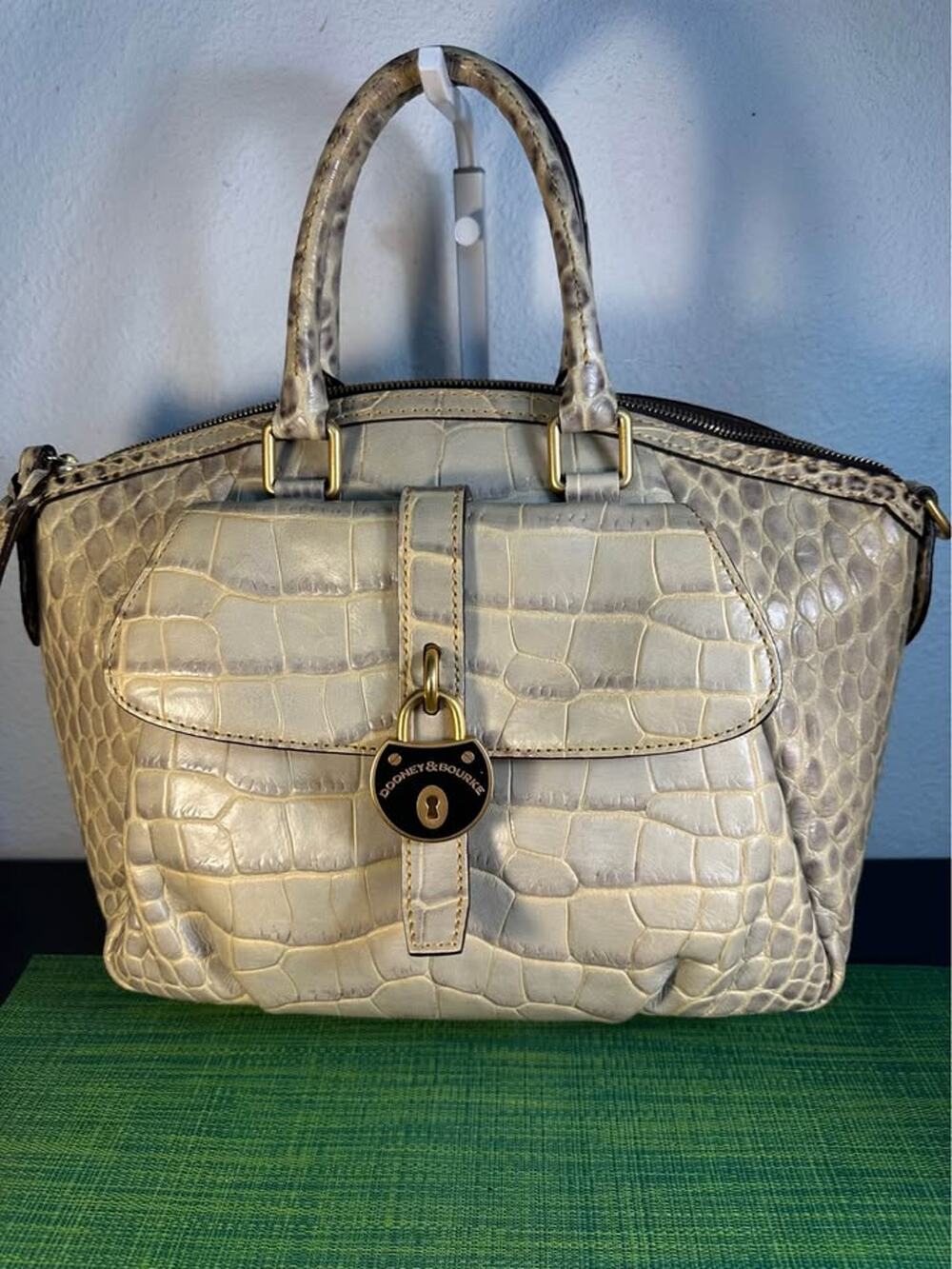 Dooney & Bourke Campbell Croco Leather Satchel with Lock – Gray / Taupe Beige